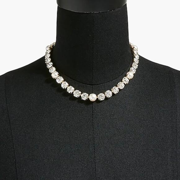 NWT JCrew Factory Crystal & Pearl Statement Necklace Gold Plated - Picture 2 of 11